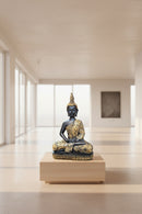 A seated Buddha statue with a black body and ornate gold