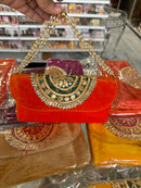 Velvet Clutch With Habdwork butti ,Moti Handle 8x4x1