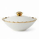 Luxury Ribbed Ceramic Round Serving Tureen with Gold Accents