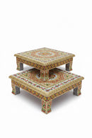 Wooden Golden Meena Bajot / Pooja Chowki 15x15 Inch – Decorative Puja Platform
