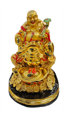 Golden Polyresin Sitting Laughing Buddha with Ru Yi Scepter on Black Base