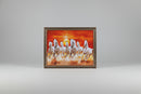 seven white horses galloping across a golden desert landscape under a red and orange sunset sky, 