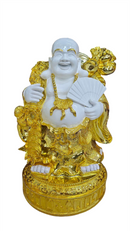 Golden Polyresin Sitting Laughing Buddha with Ru Yi Scepter on Black Base