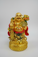 Golden Laughing Budha Standing With Fan & Money