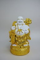 Golden-Whote Laughing Budha Fan In Hand